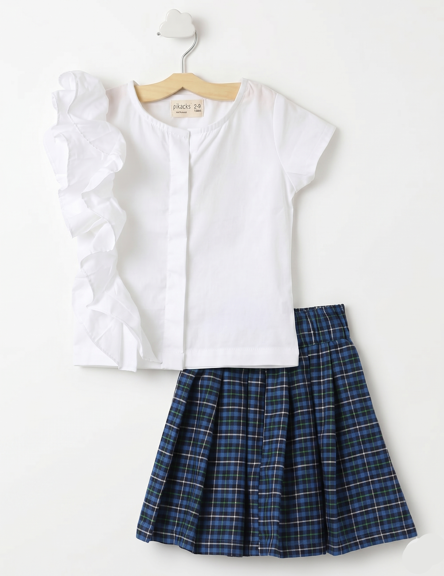 Girls White Ruffled Short-Sleeve Top and Blue Plaid Pleated Skirt Set