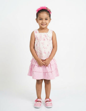 Girls' Pink Patterned Top and Tiered Skirt Set