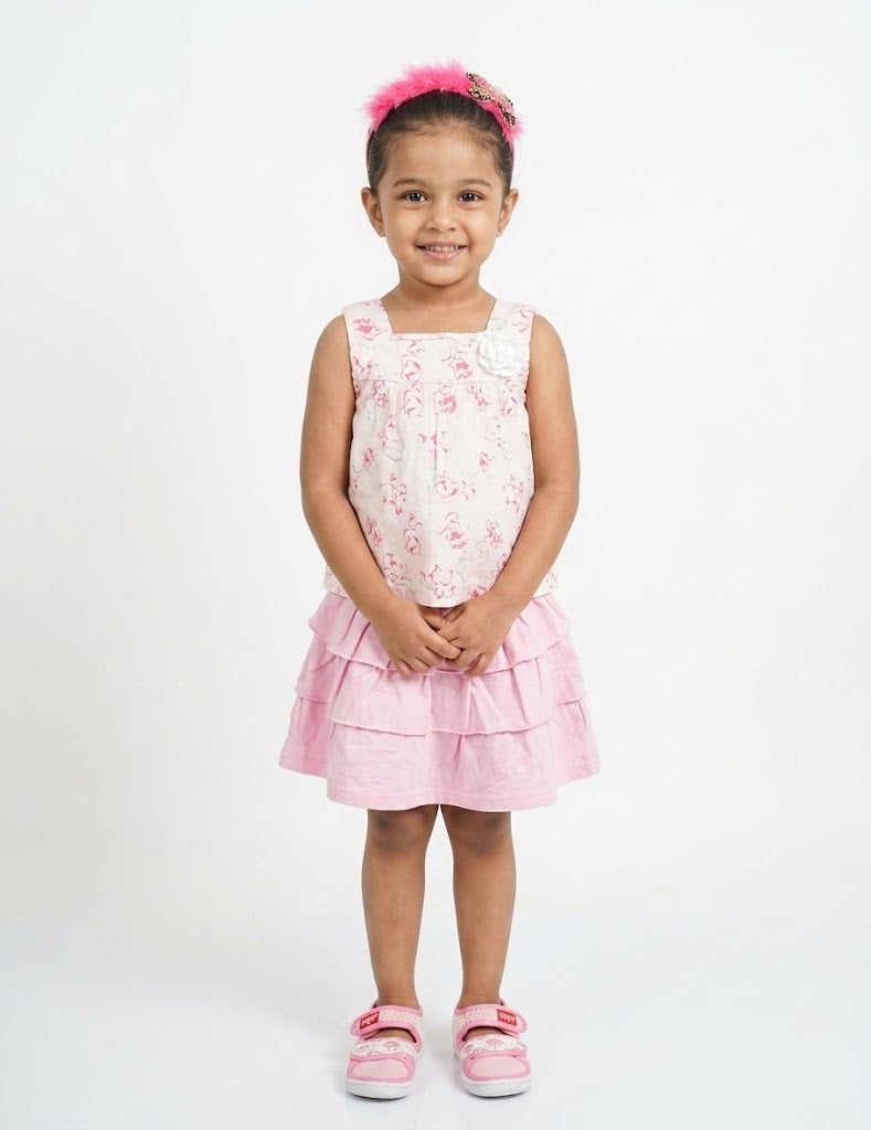 Girls' Pink Patterned Top and Tiered Skirt Set