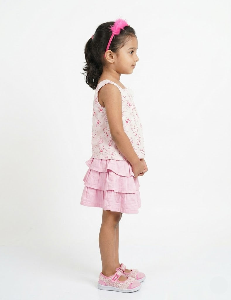 Girls' Pink Patterned Top and Tiered Skirt Set