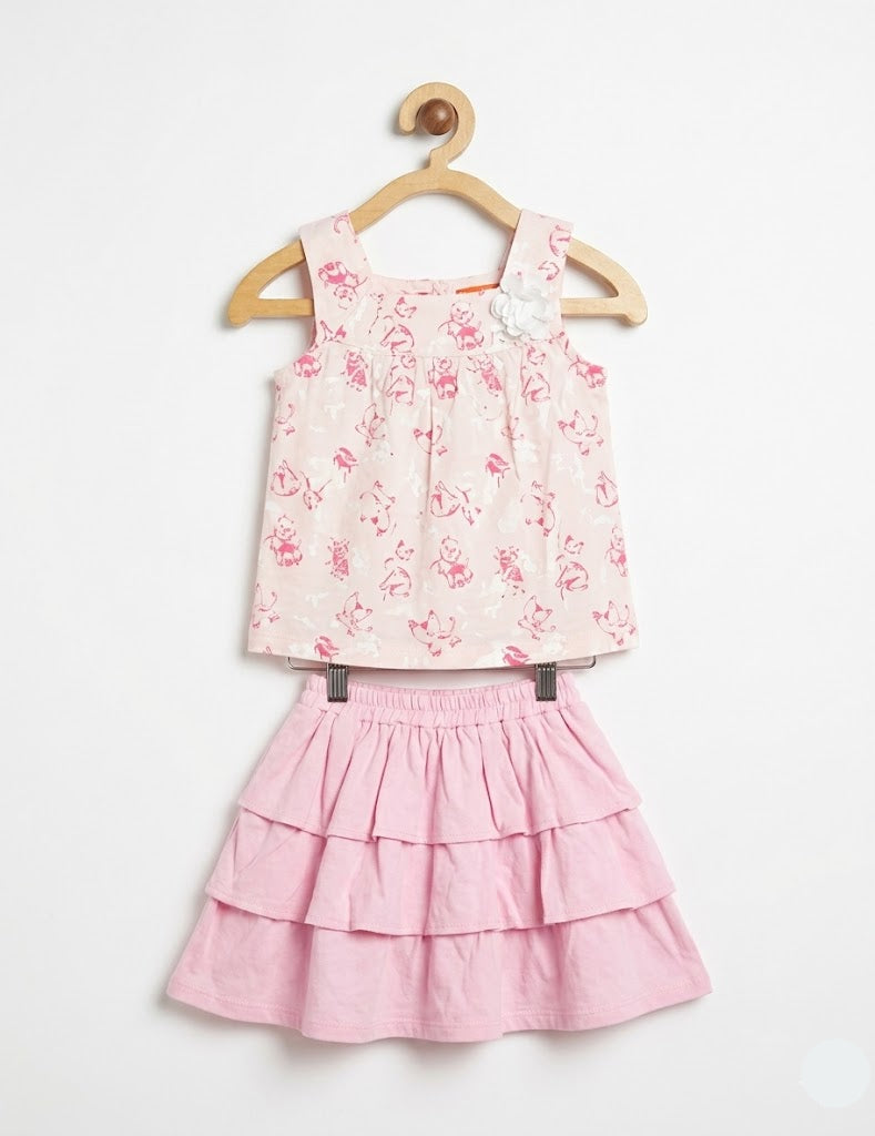 Girls' Pink Patterned Top and Tiered Skirt Set