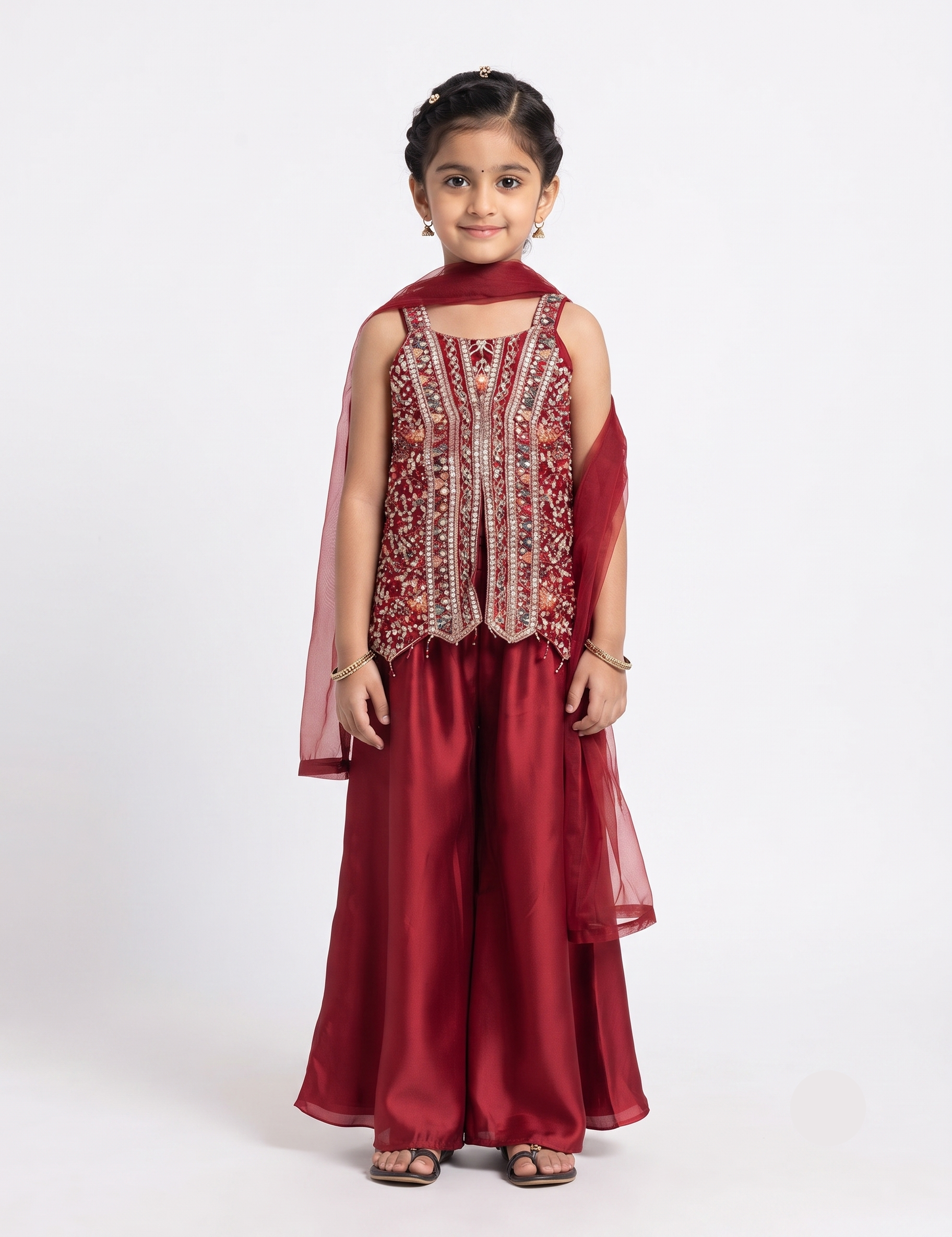 Designer Sleeveless Peplum Top, Palazzo & Dupatta Outfit for Girls