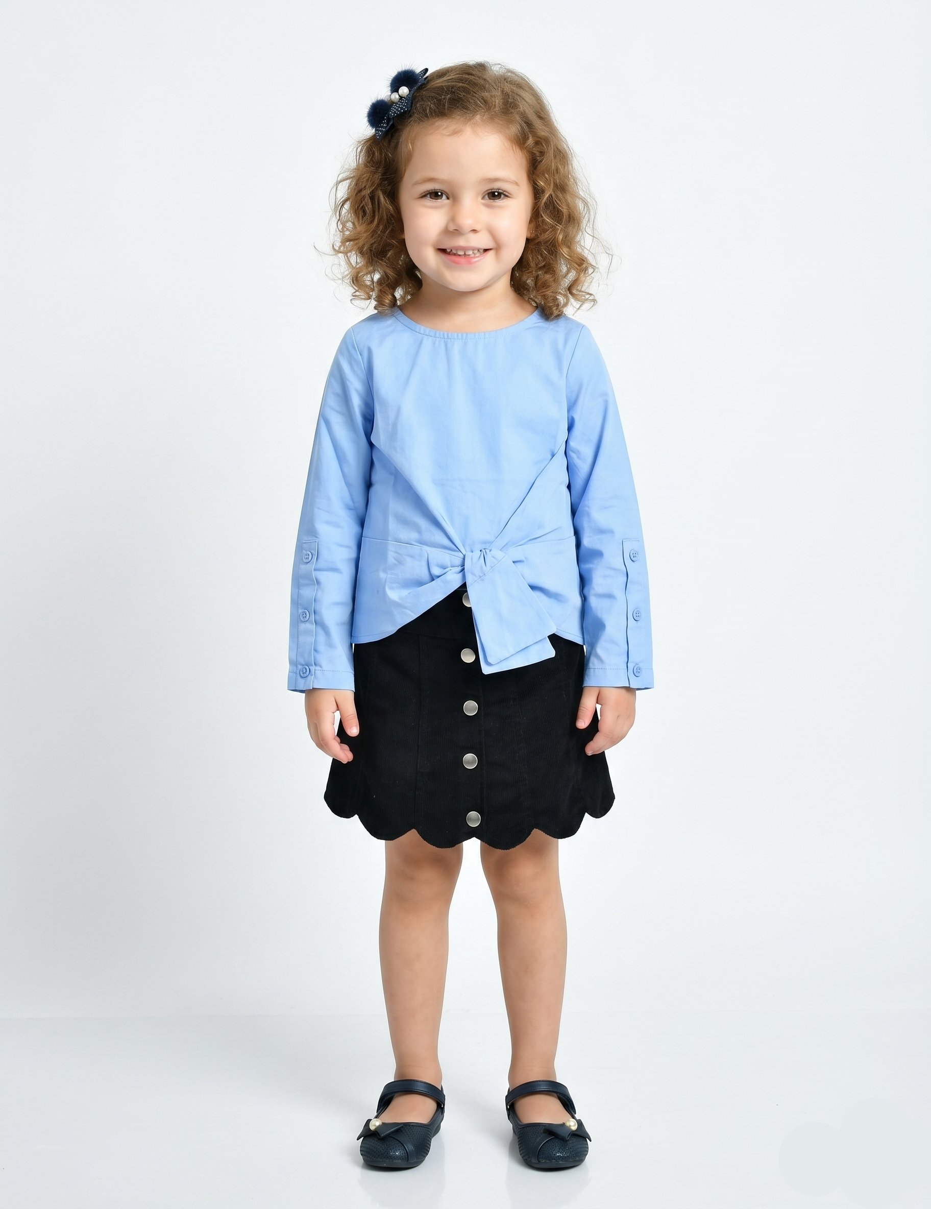 Girls' Blue Tie-Front Top and Black Scalloped Skirt Set