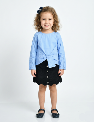 Girls' Blue Tie-Front Top and Black Scalloped Skirt Set