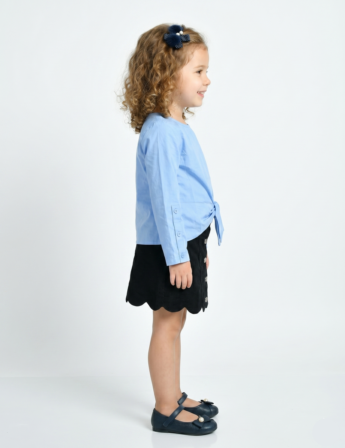 Girls' Blue Tie-Front Top and Black Scalloped Skirt Set