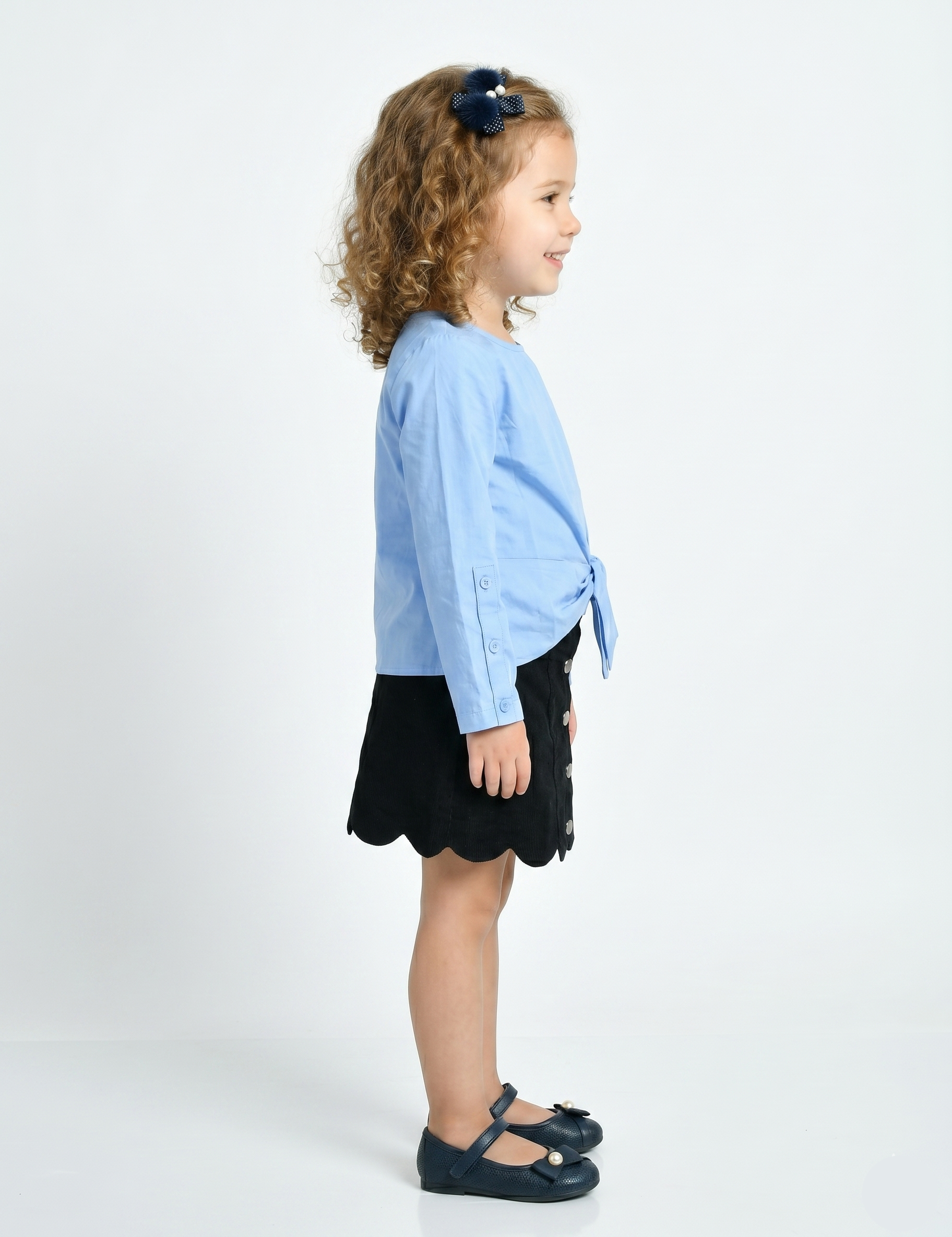 Girls' Blue Tie-Front Top and Black Scalloped Skirt Set