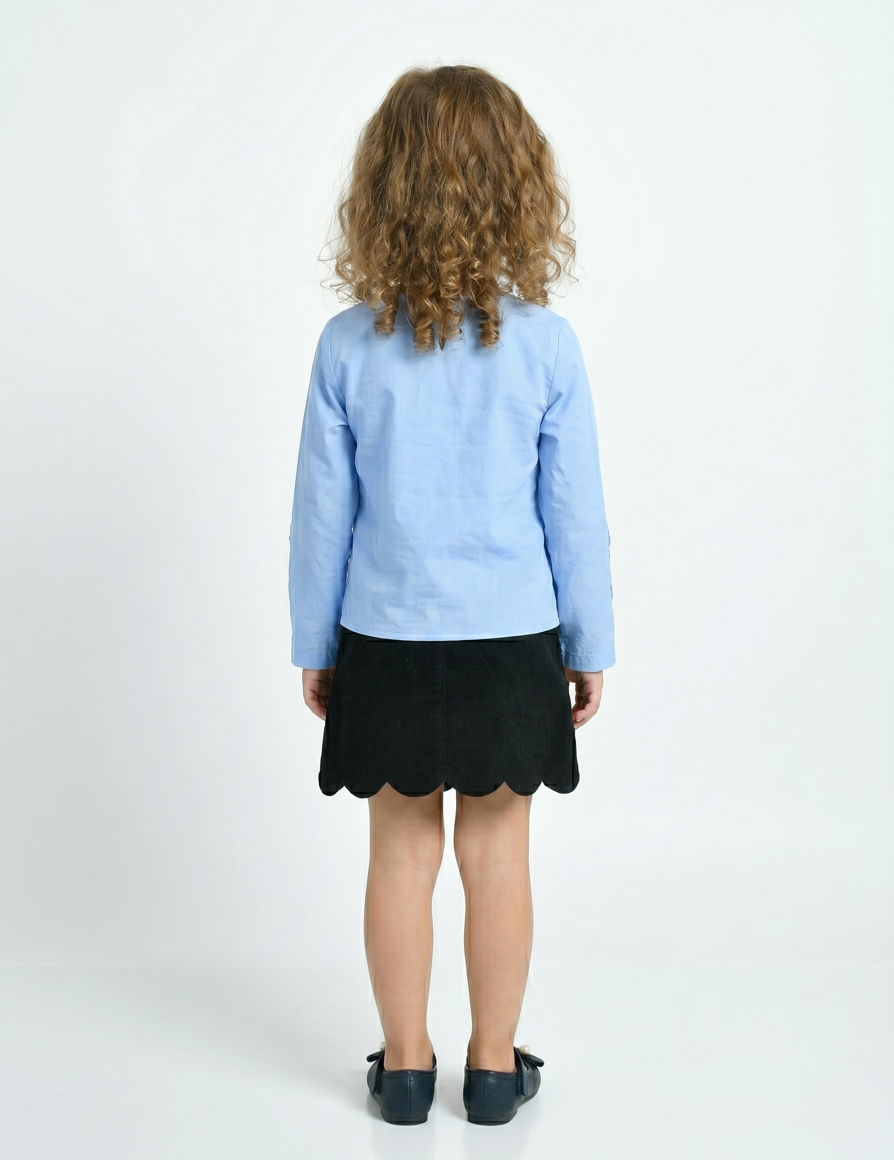 Girls' Blue Tie-Front Top and Black Scalloped Skirt Set
