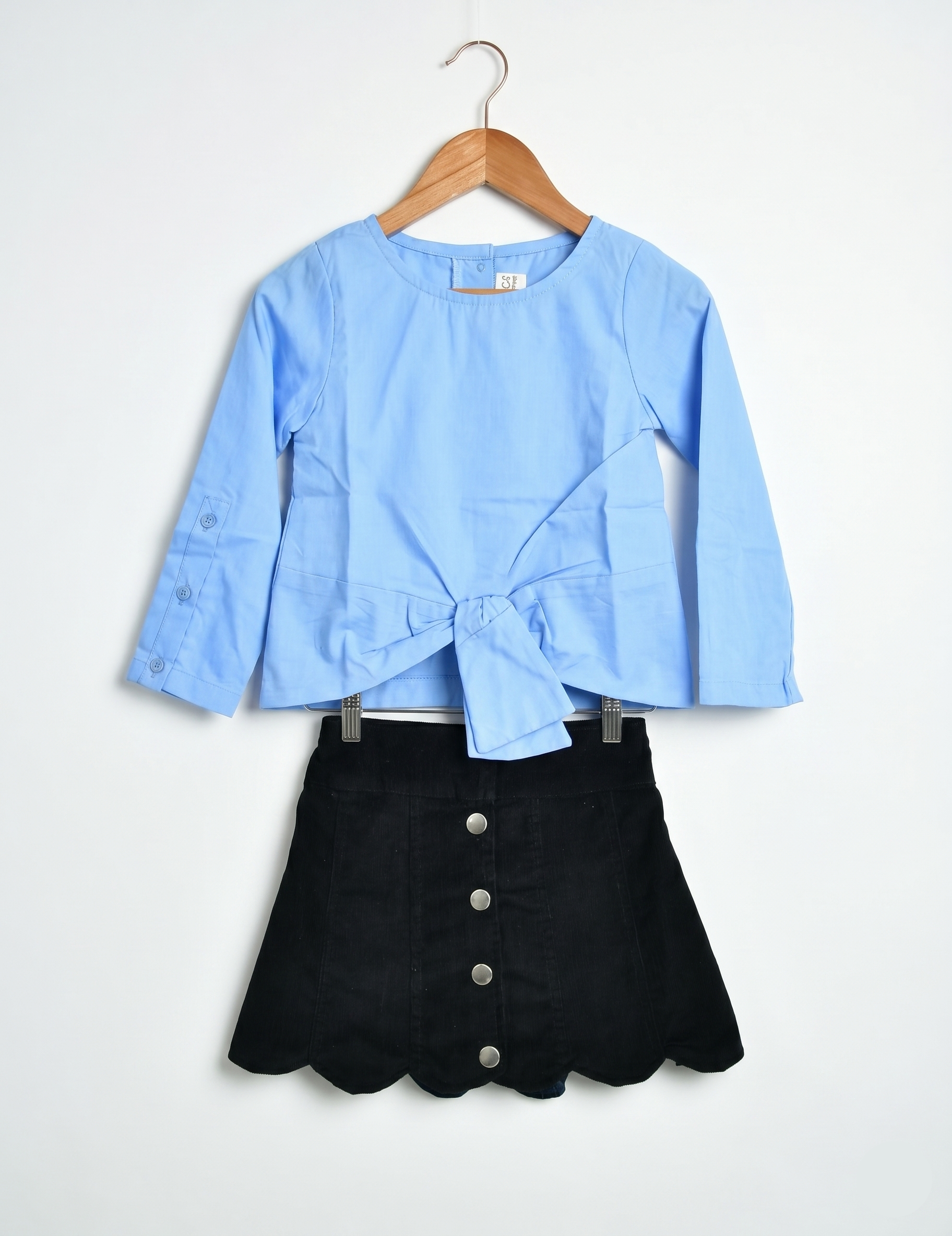 Girls' Blue Tie-Front Top and Black Scalloped Skirt Set