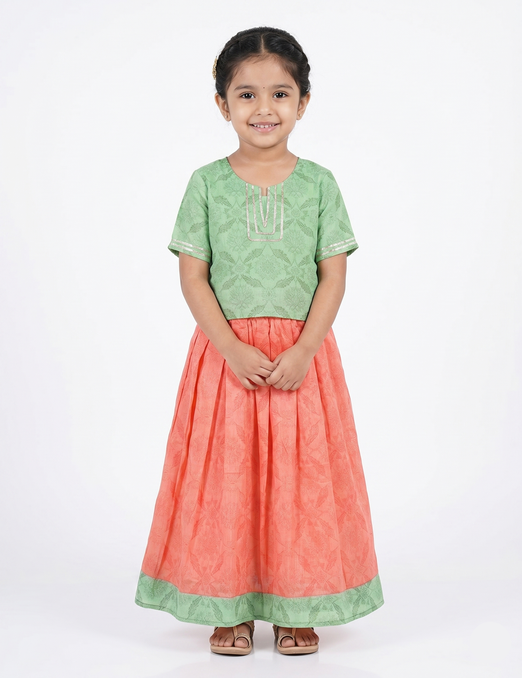 Girls Pastel Green & Peach Ethnic Printed Top and Skirt Set
