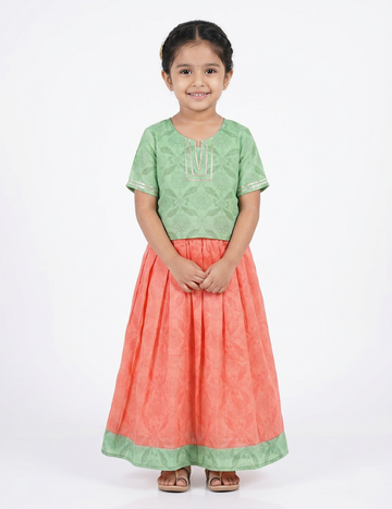 Girls Pastel Green & Peach Ethnic Printed Top and Skirt Set