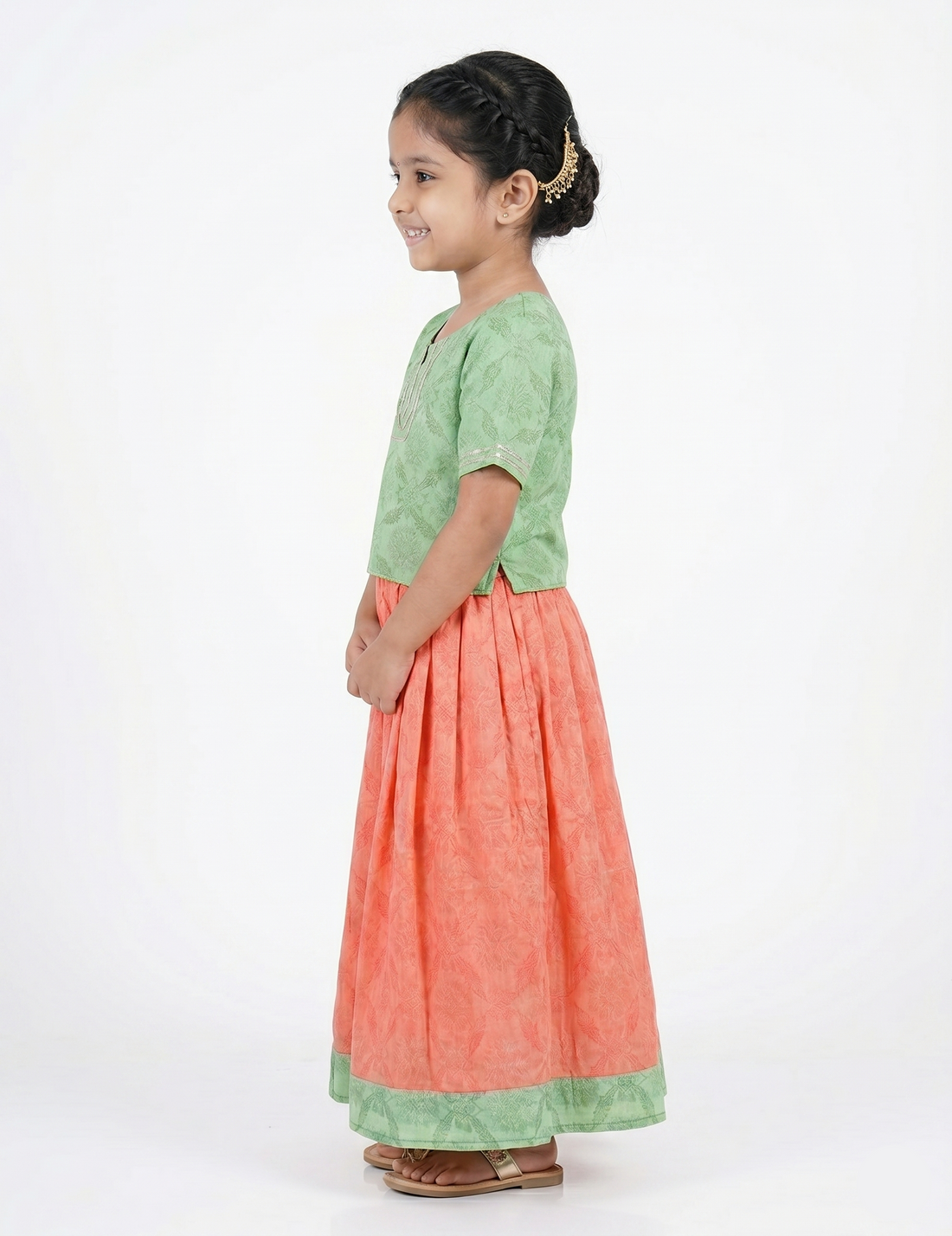 Girls Pastel Green & Peach Ethnic Printed Top and Skirt Set