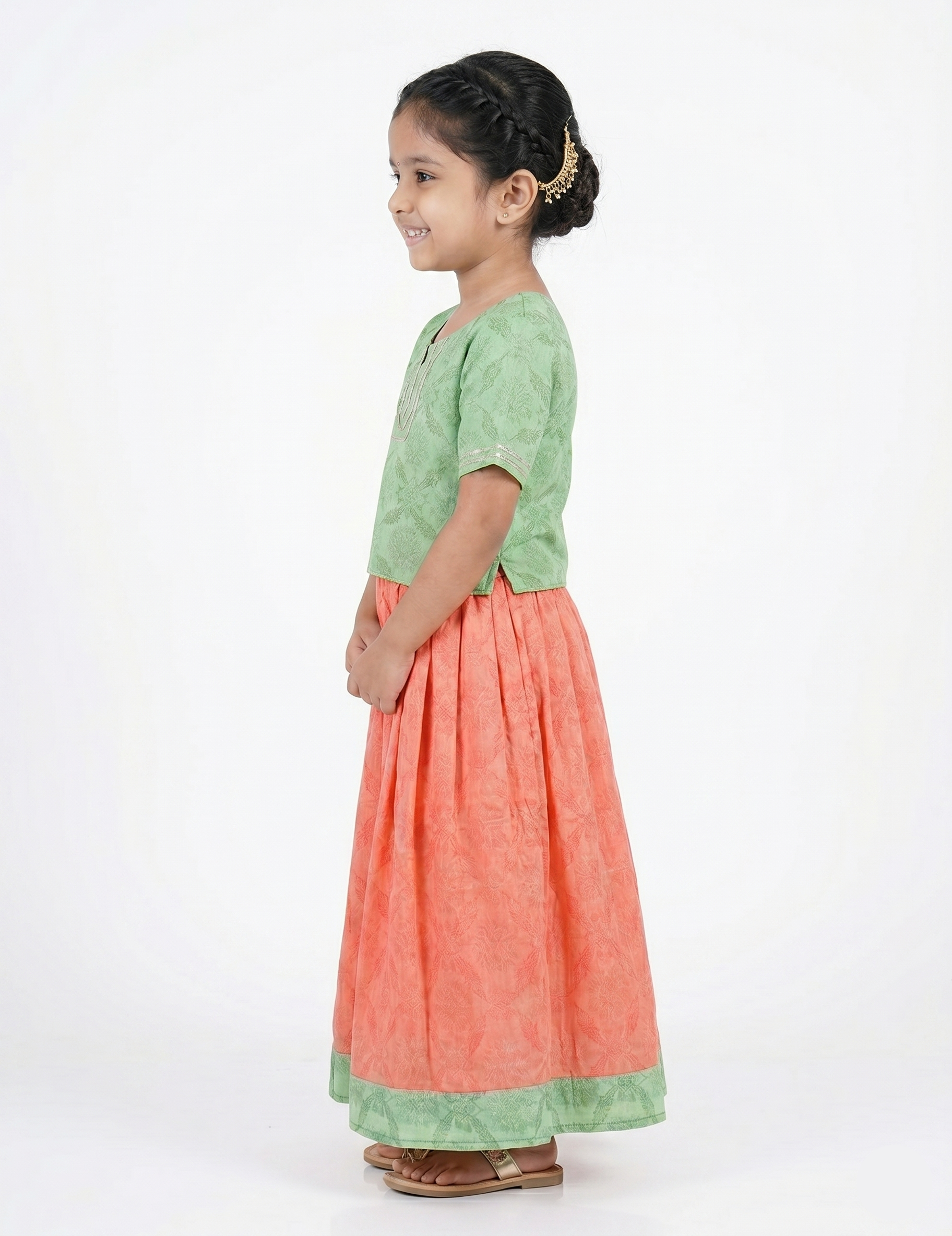 Girls Pastel Green & Peach Ethnic Printed Top and Skirt Set