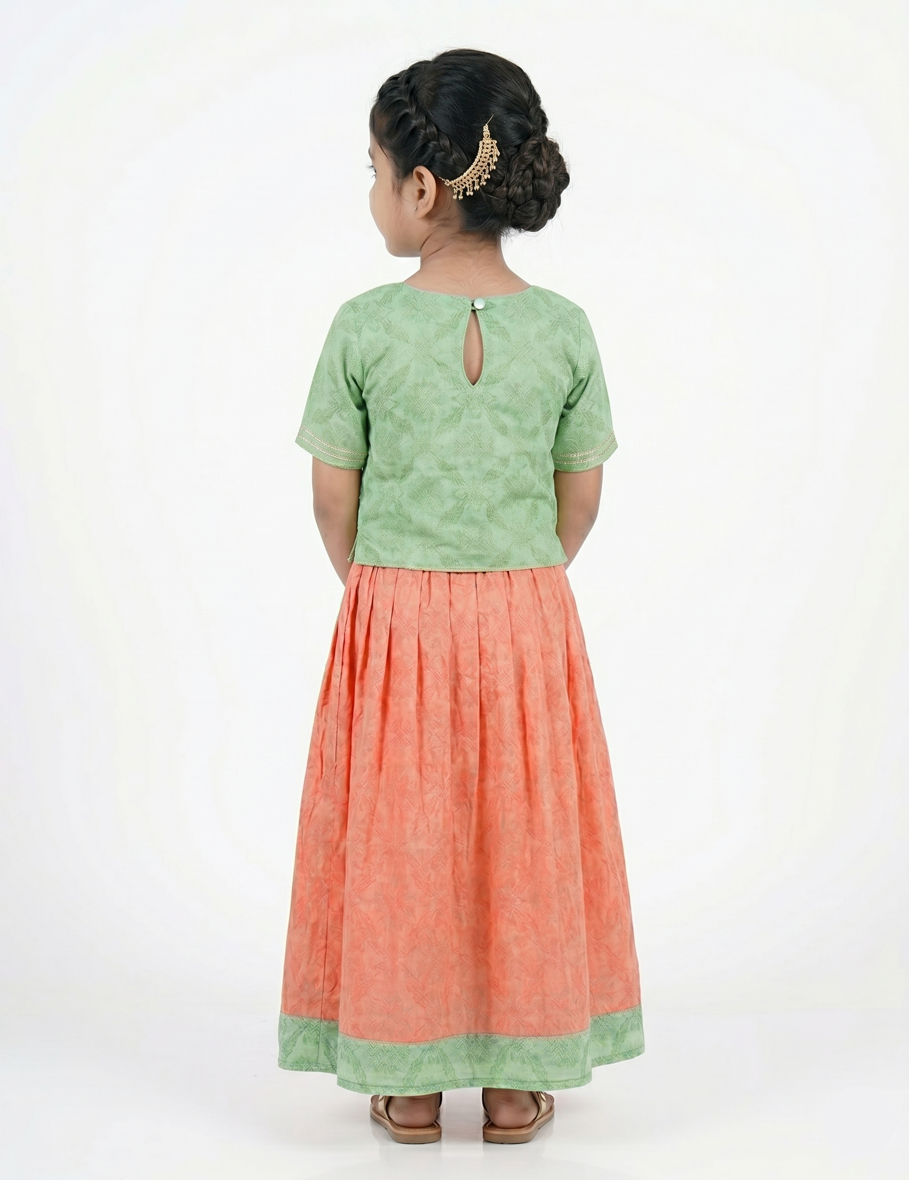 Girls Pastel Green & Peach Ethnic Printed Top and Skirt Set
