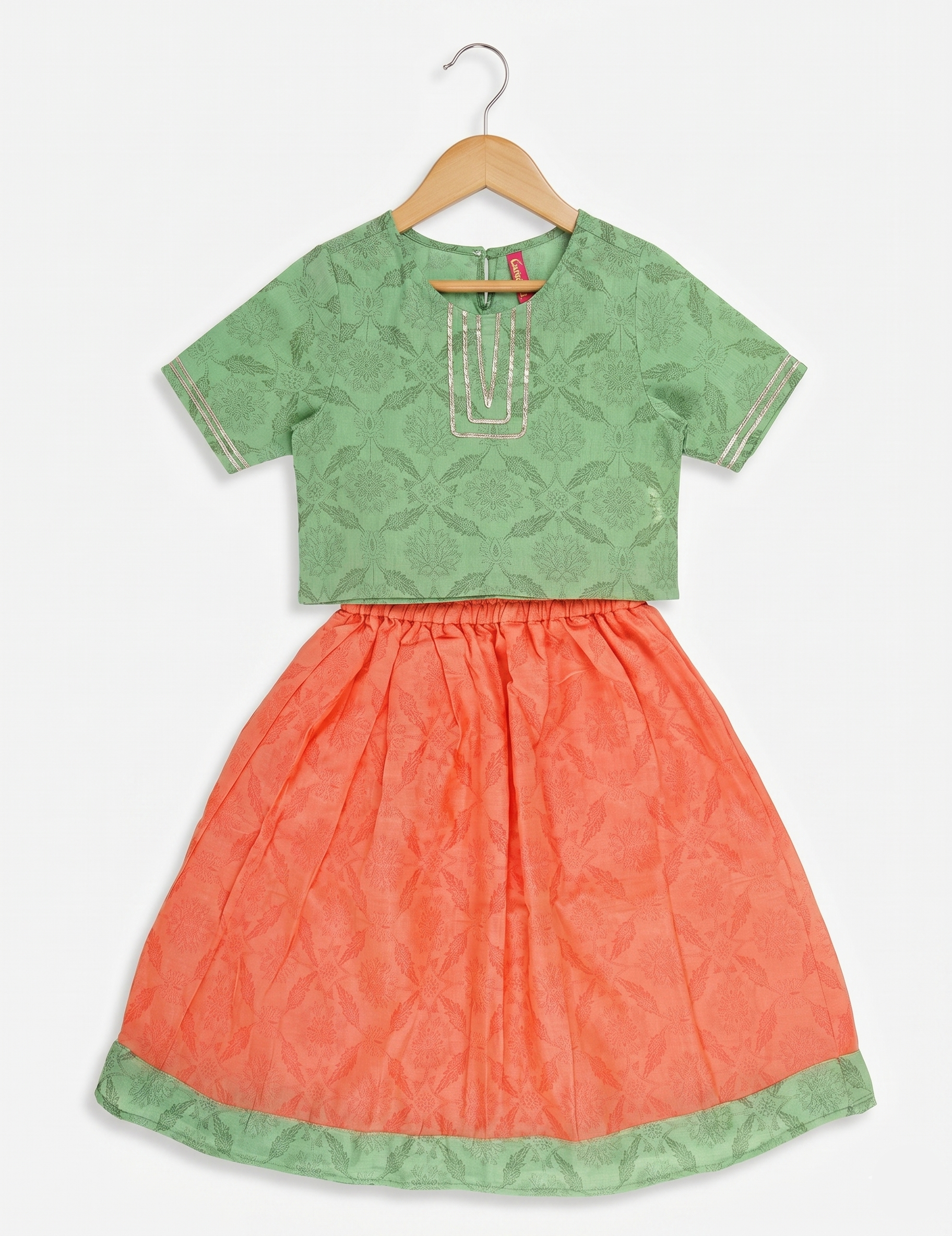 Girls Pastel Green & Peach Ethnic Printed Top and Skirt Set