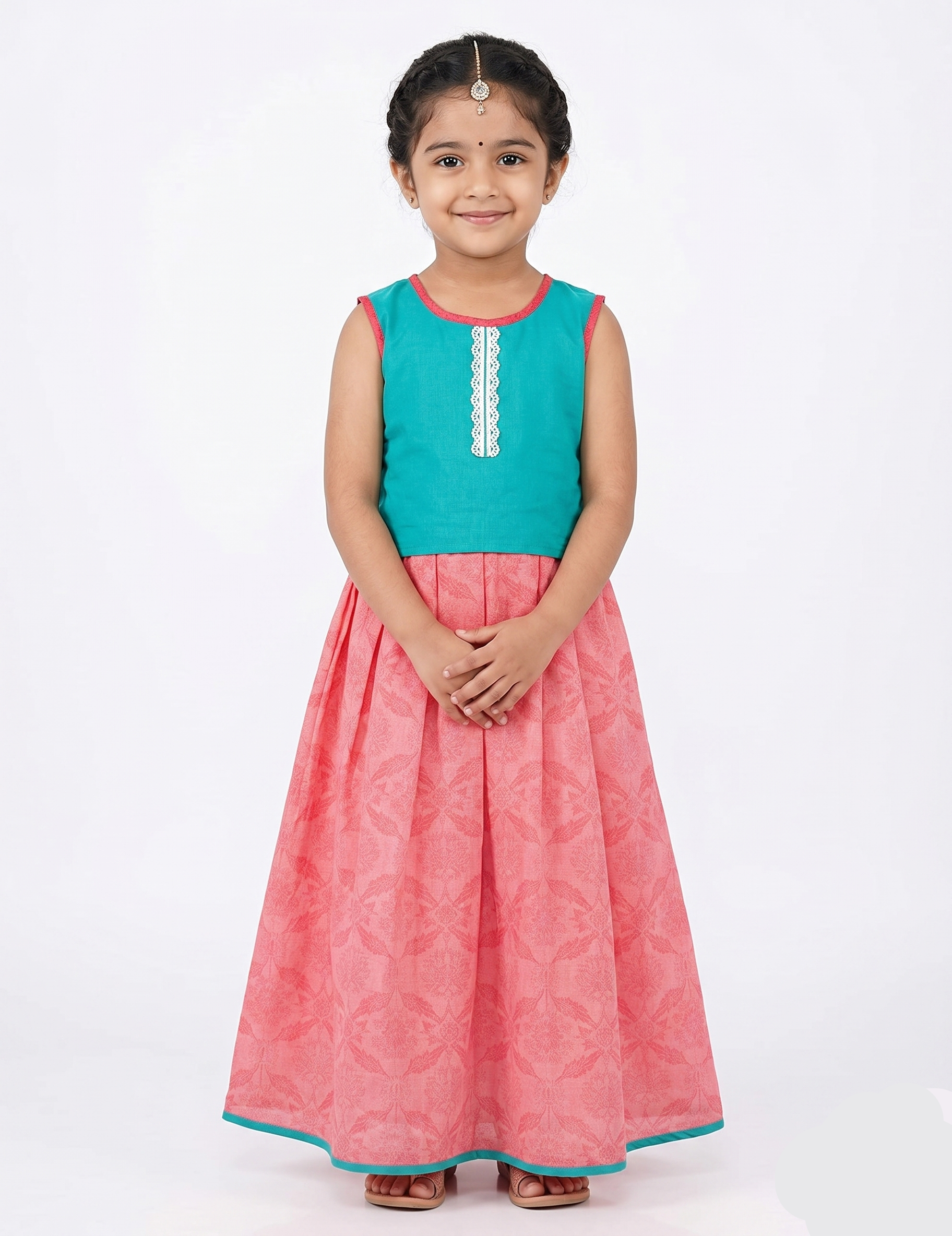 Girls Sleeveless Teal & Pink Ethnic Top & Skirt Set