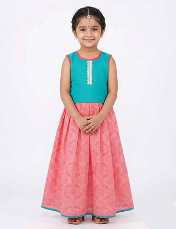 Girls Sleeveless Teal & Pink Ethnic Top & Skirt Set
