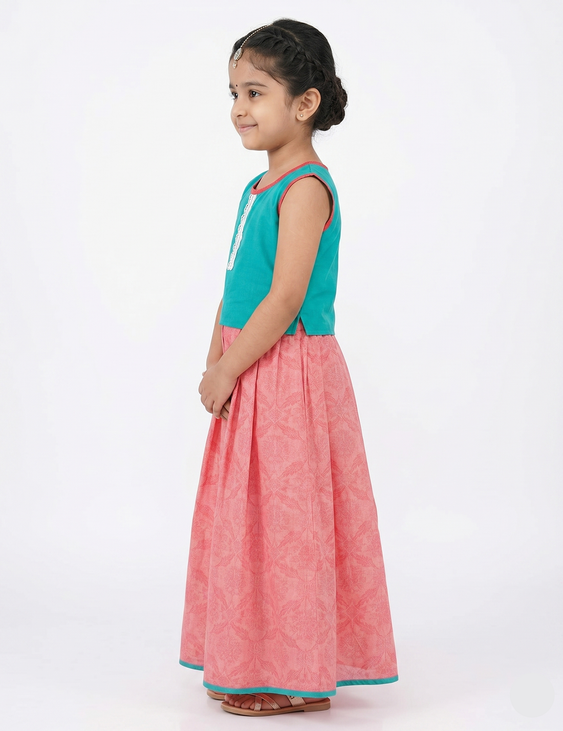 Girls Sleeveless Teal & Pink Ethnic Top & Skirt Set