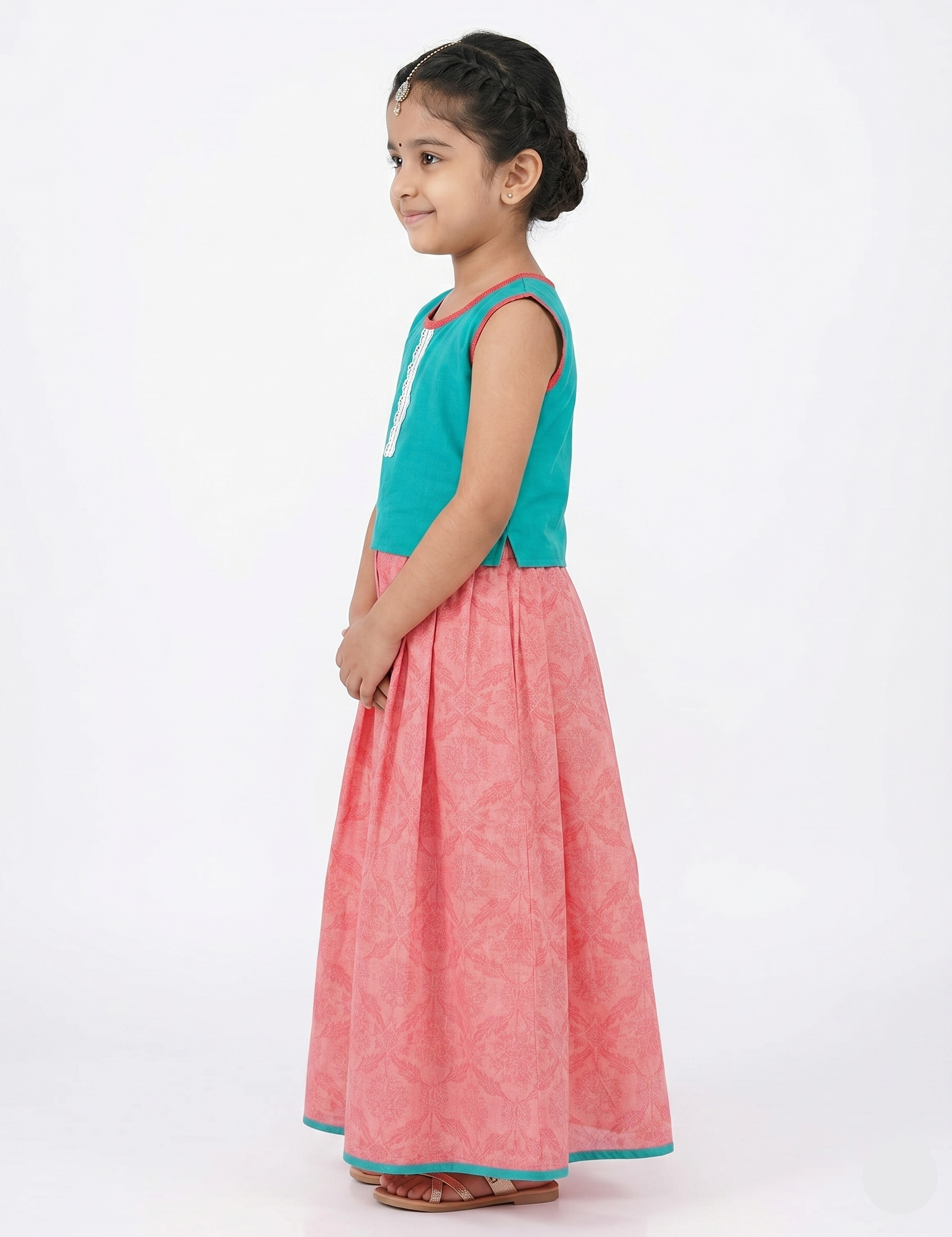 Girls Sleeveless Teal & Pink Ethnic Top & Skirt Set