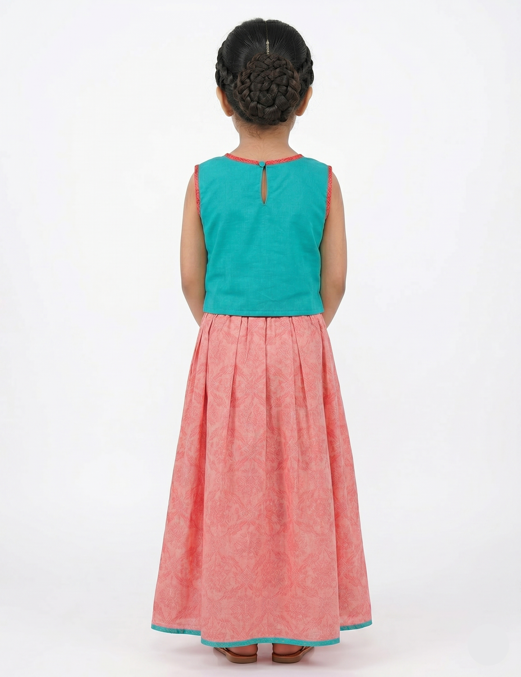 Girls Sleeveless Teal & Pink Ethnic Top & Skirt Set