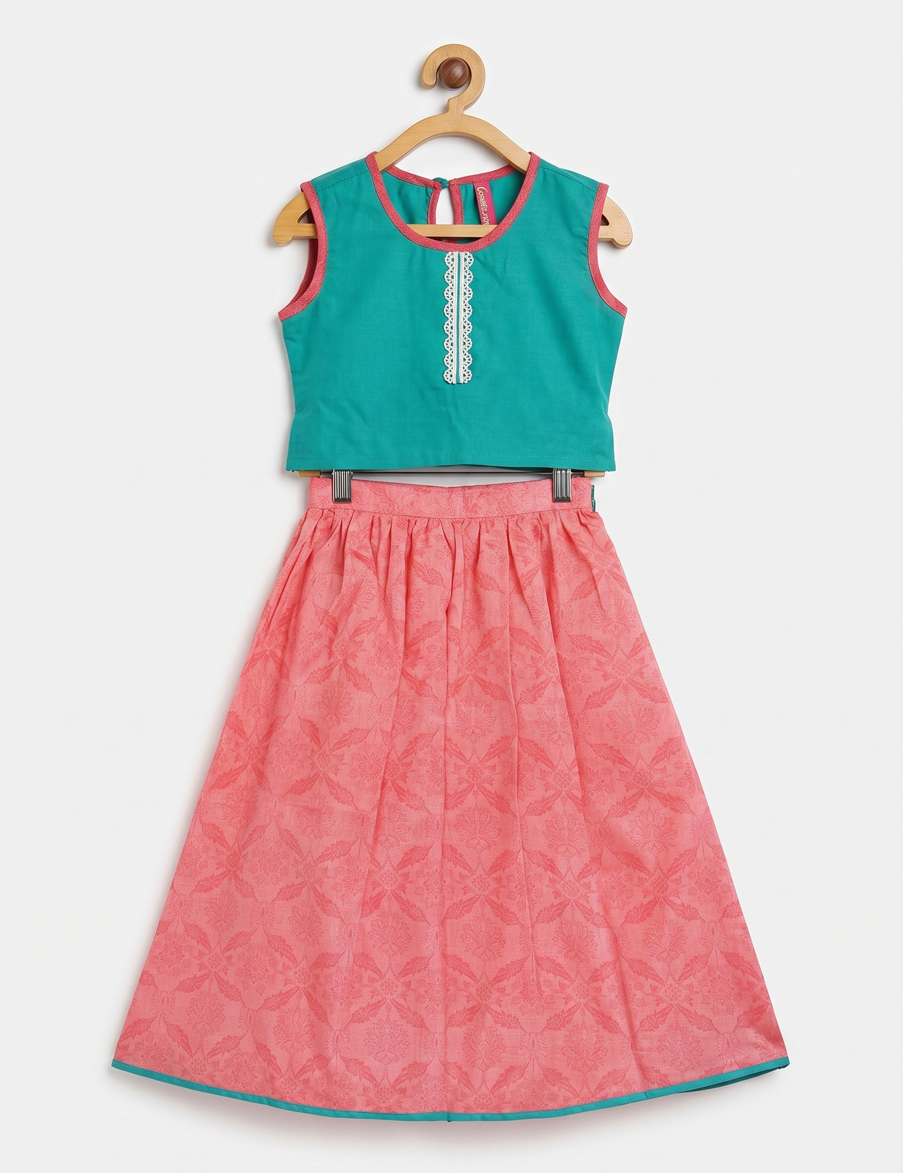 Girls Sleeveless Teal & Pink Ethnic Top & Skirt Set