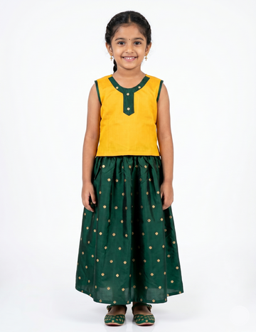 Girls' Yellow and Green Traditional Pavadai Set