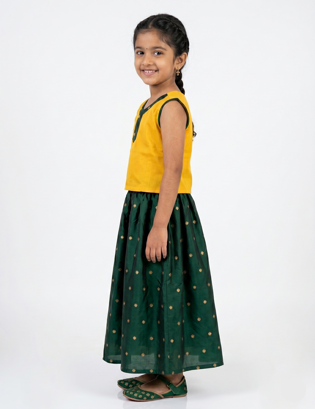 Girls' Yellow and Green Traditional Pavadai Set