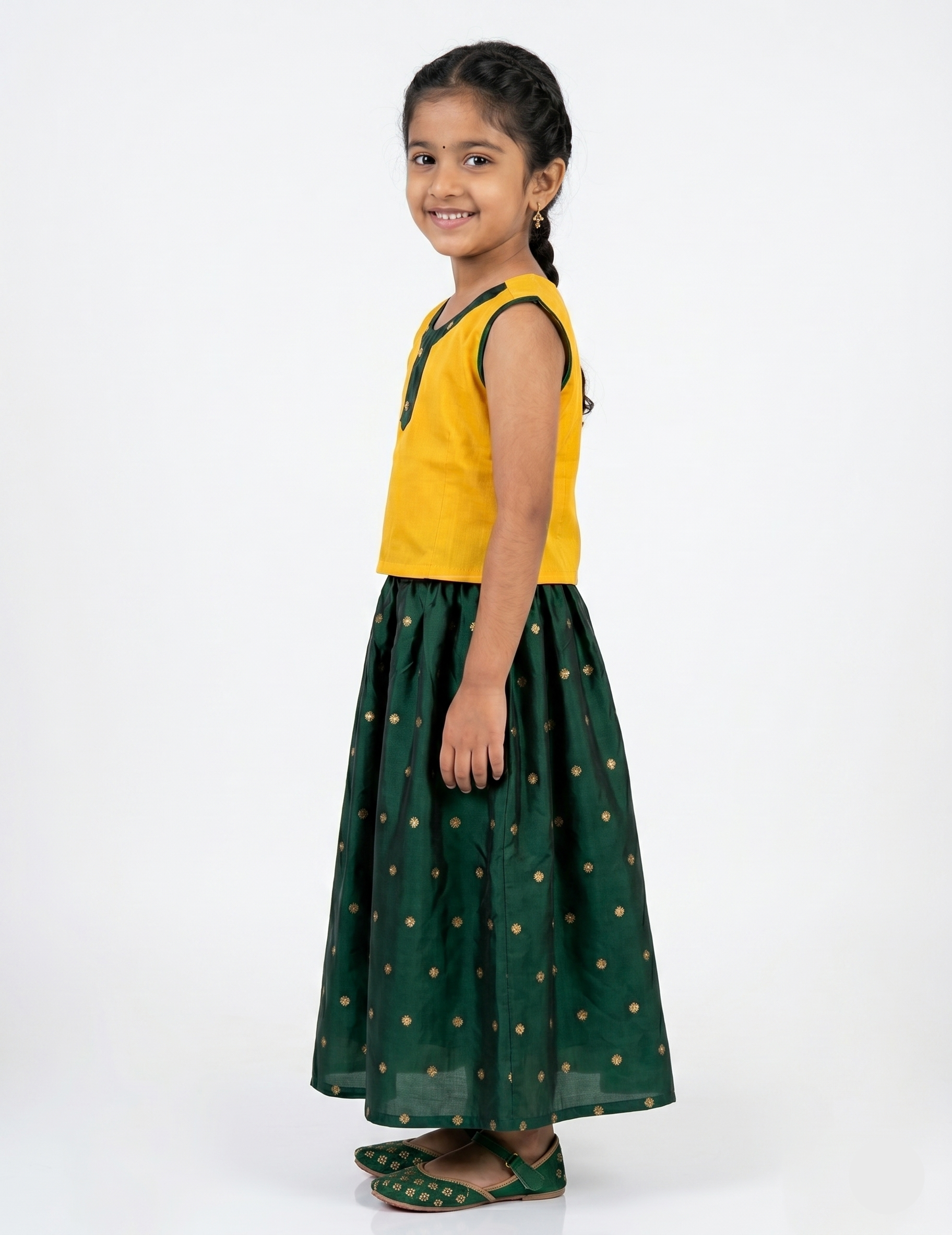 Girls' Yellow and Green Traditional Pavadai Set