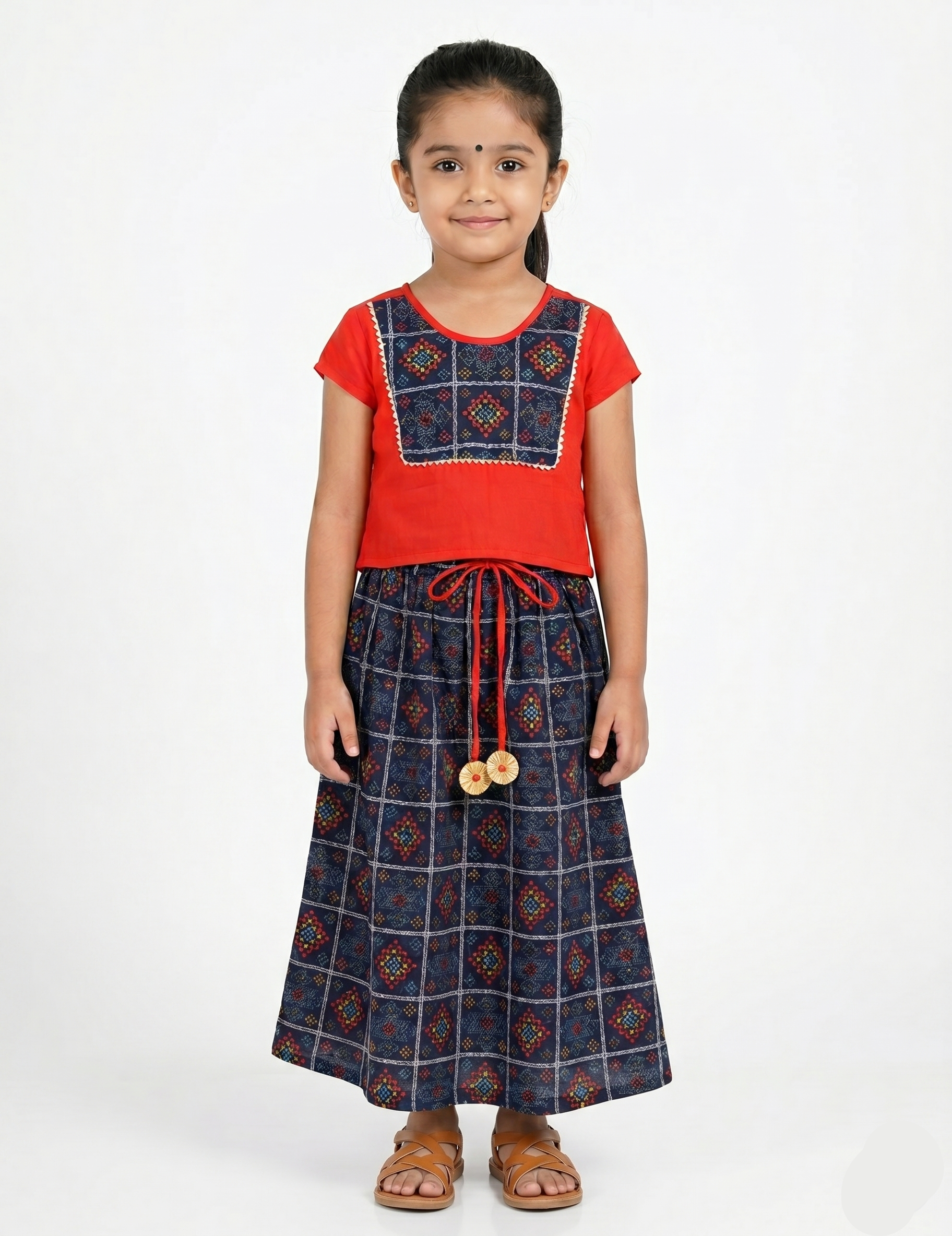 Girls' Red and Navy Blue Bandhani Print Ethnic Set