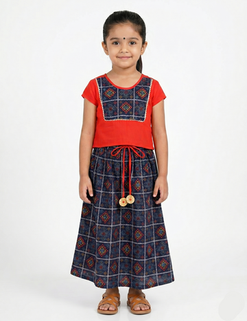 Girls' Red and Navy Blue Bandhani Print Ethnic Set