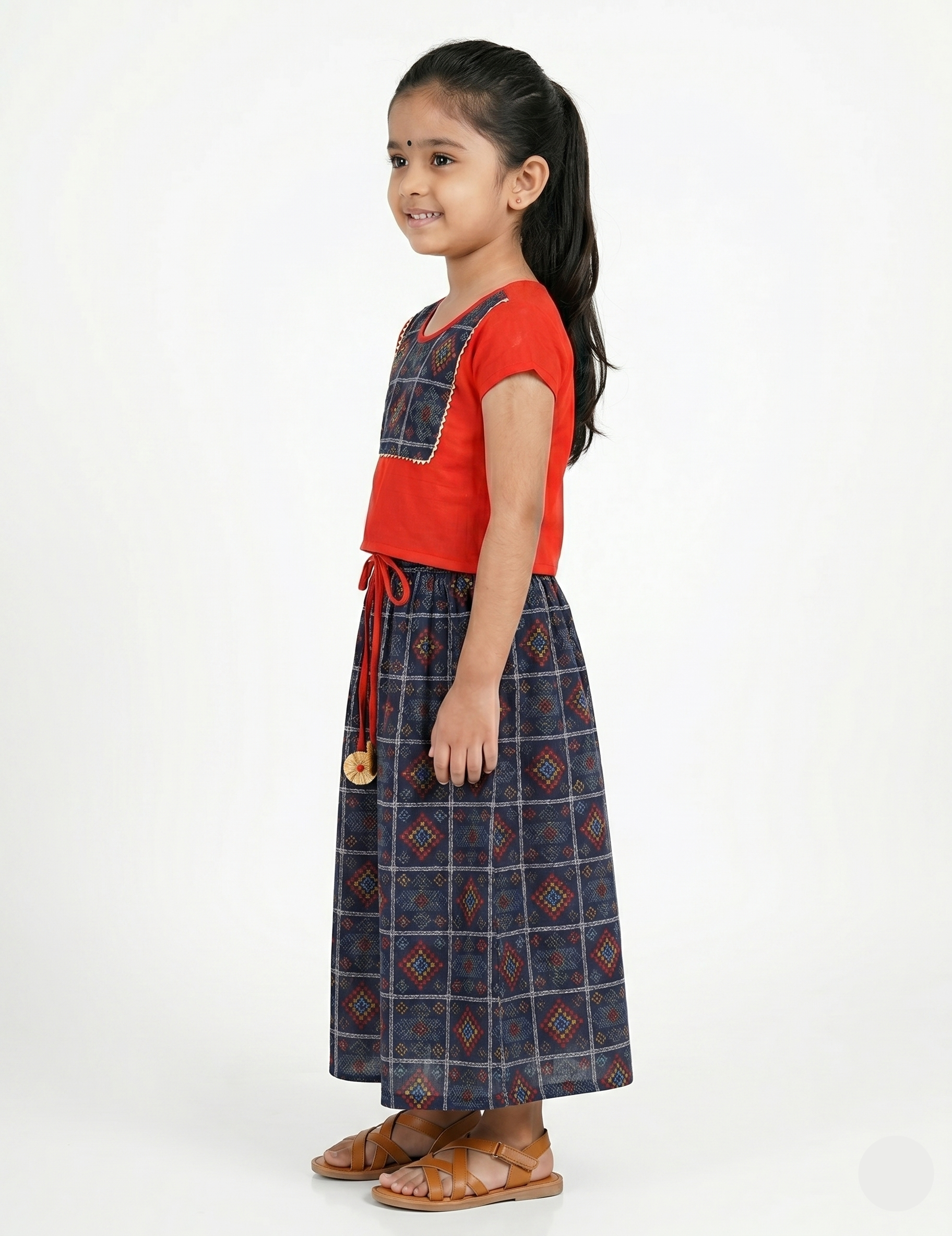 Girls' Red and Navy Blue Bandhani Print Ethnic Set