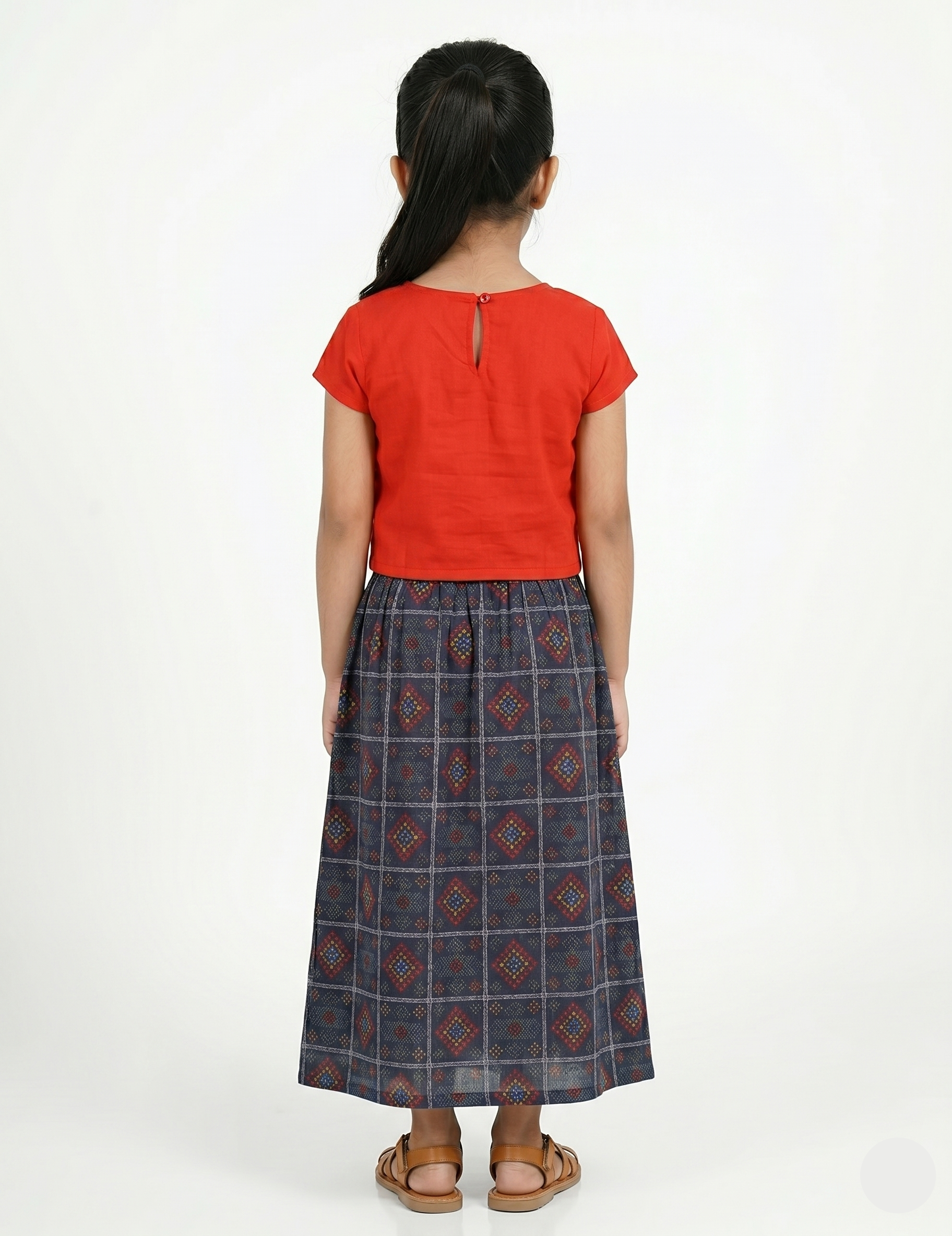 Girls' Red and Navy Blue Bandhani Print Ethnic Set