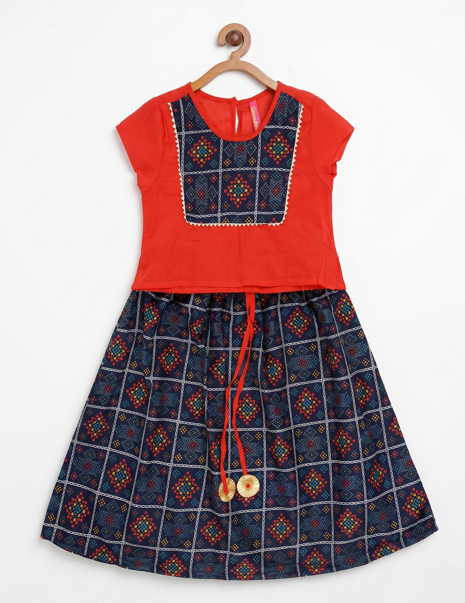 Girls' Red and Navy Blue Bandhani Print Ethnic Set