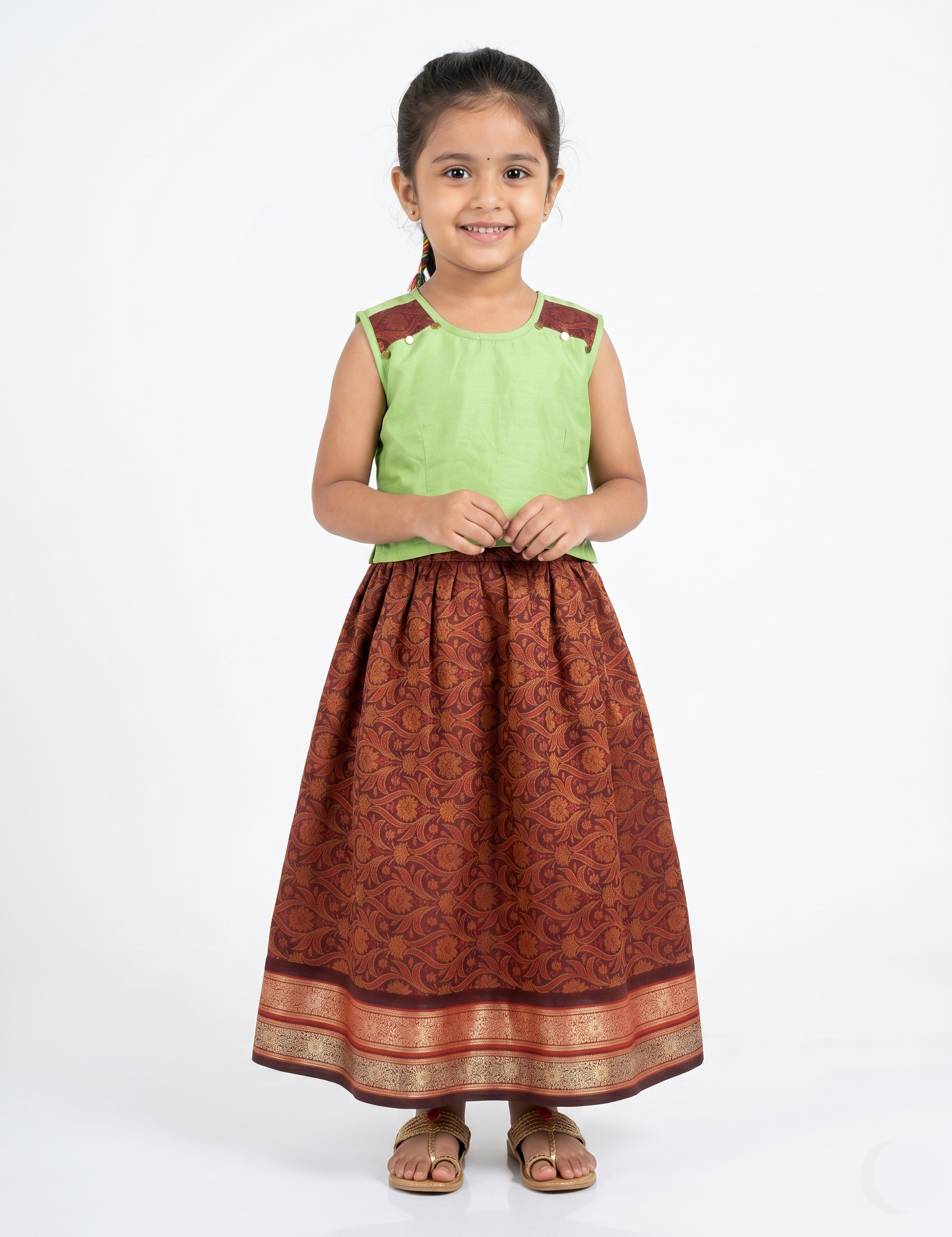 Girls' Light Green and Maroon Traditional Pavadai Set