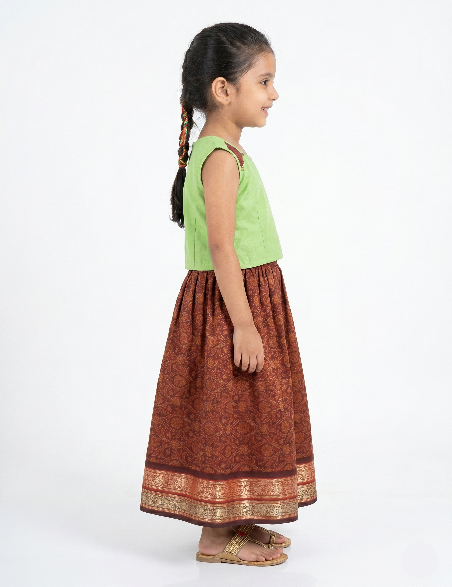 Girls' Light Green and Maroon Traditional Pavadai Set