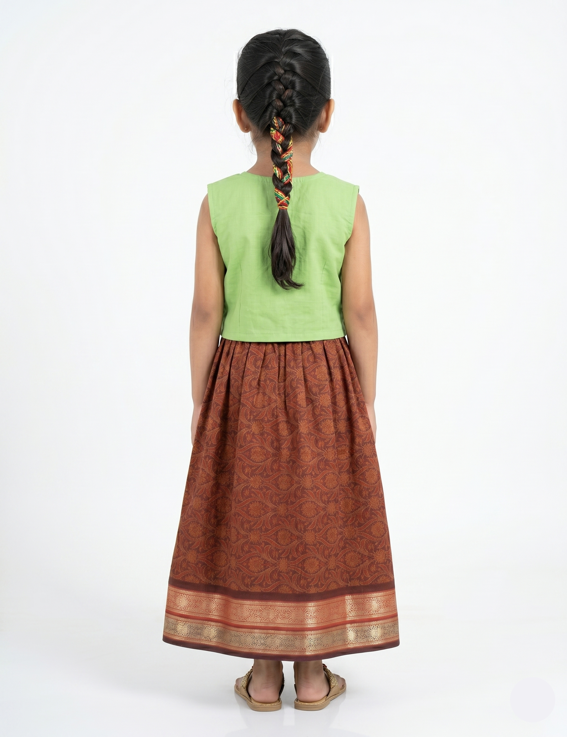 Girls' Light Green and Maroon Traditional Pavadai Set