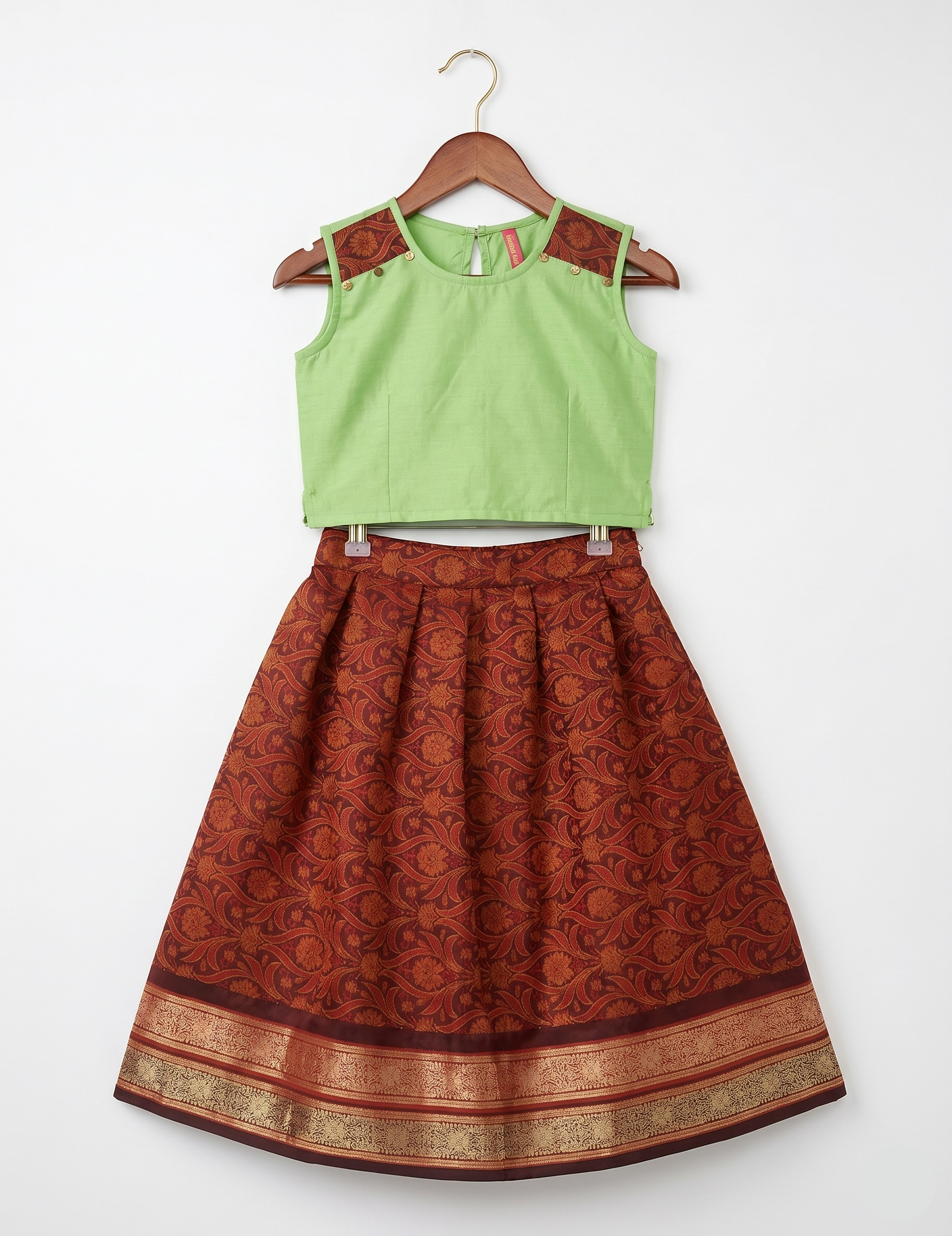 Girls' Light Green and Maroon Traditional Pavadai Set