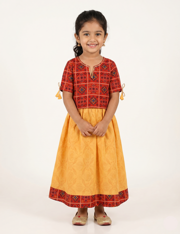 Red Bandhani-Print Top and Yellow Traditional Skirt Set