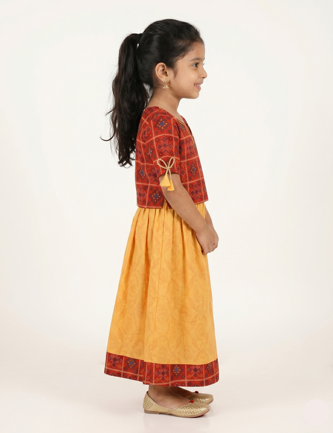 Red Bandhani-Print Top and Yellow Traditional Skirt Set