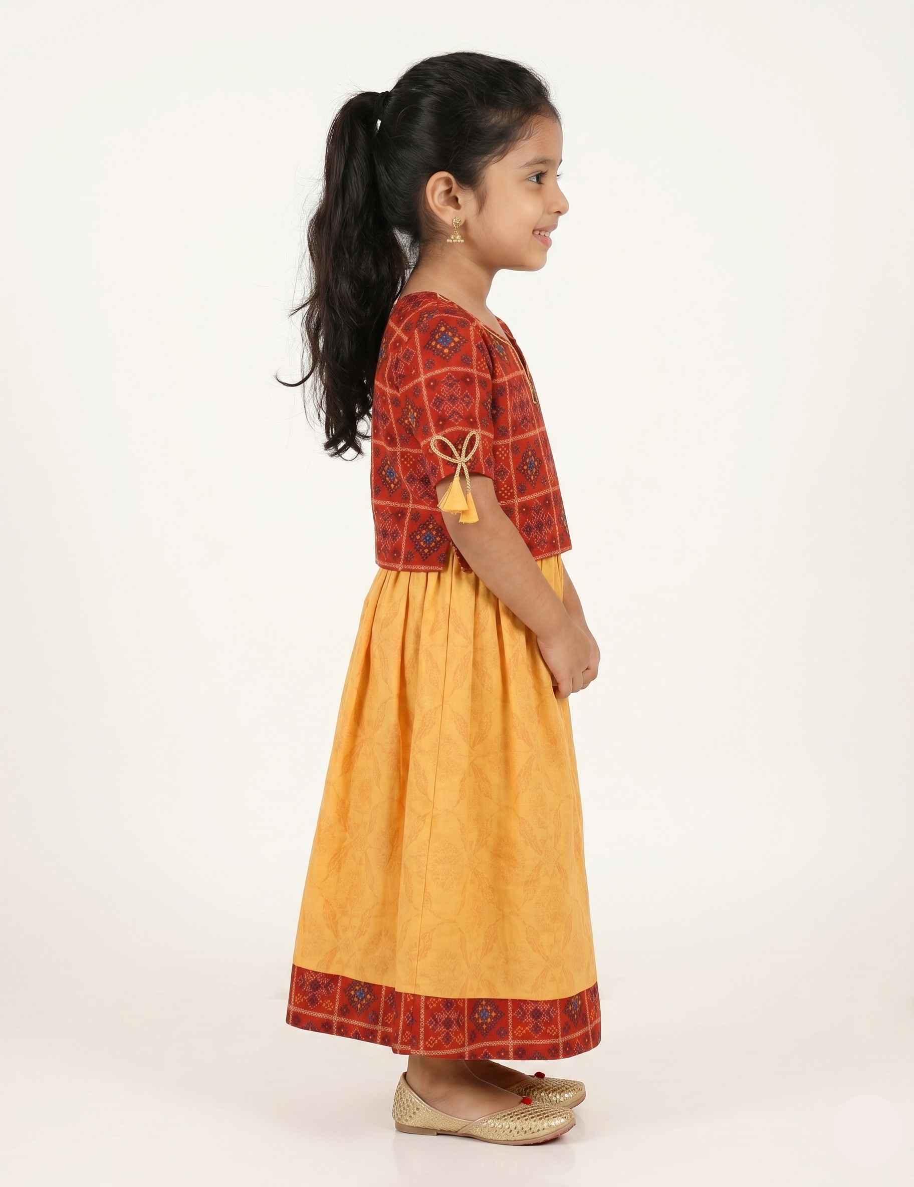 Red Bandhani-Print Top and Yellow Traditional Skirt Set
