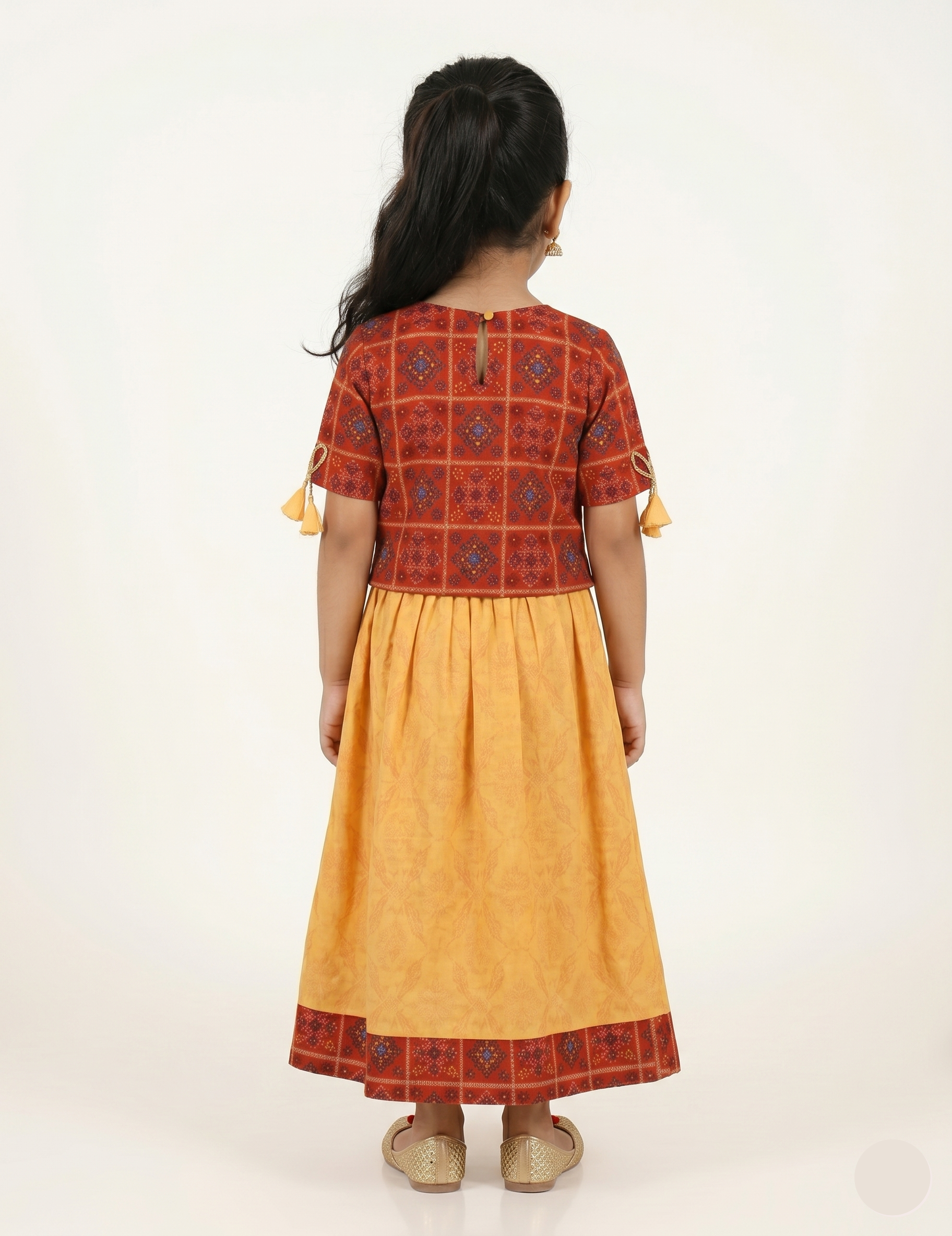 Red Bandhani-Print Top and Yellow Traditional Skirt Set