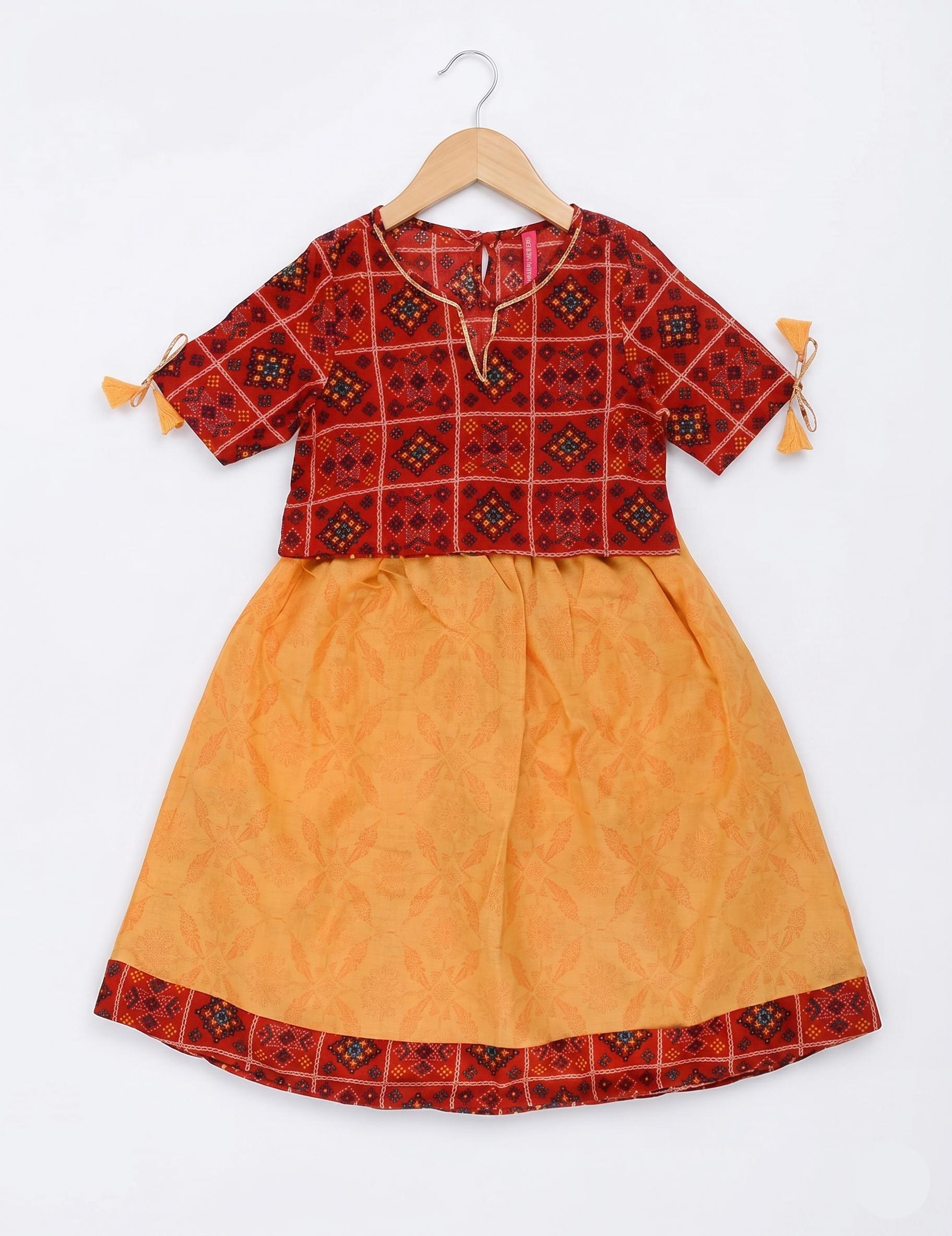 Red Bandhani-Print Top and Yellow Traditional Skirt Set