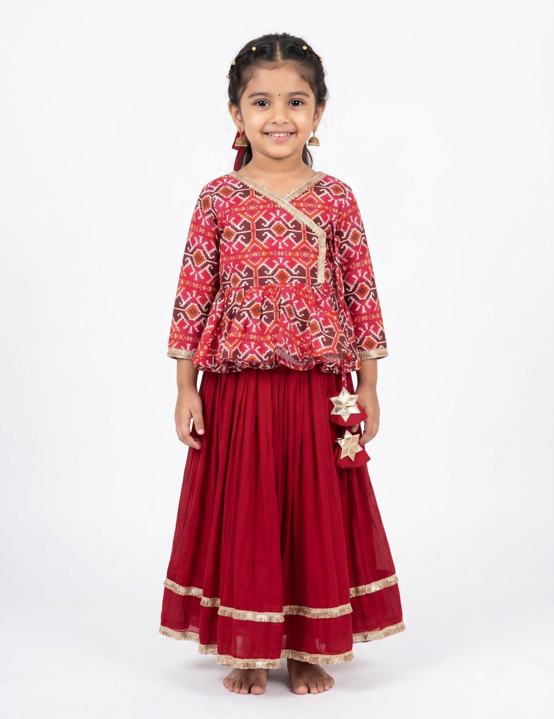 Girls' Red Patola Print Angrakha Peplum Lehenga Set with Gota Patti Work