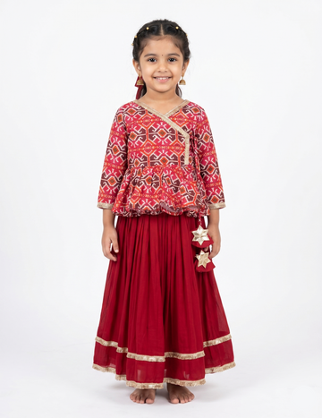 Girls' Red Patola Print Angrakha Peplum Lehenga Set with Gota Patti Work