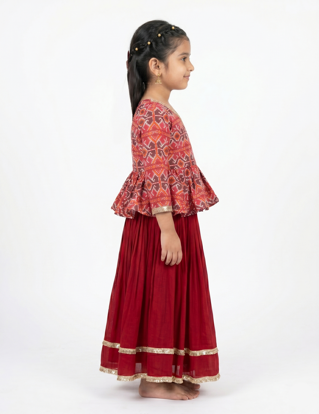 Girls' Red Patola Print Angrakha Peplum Lehenga Set with Gota Patti Work