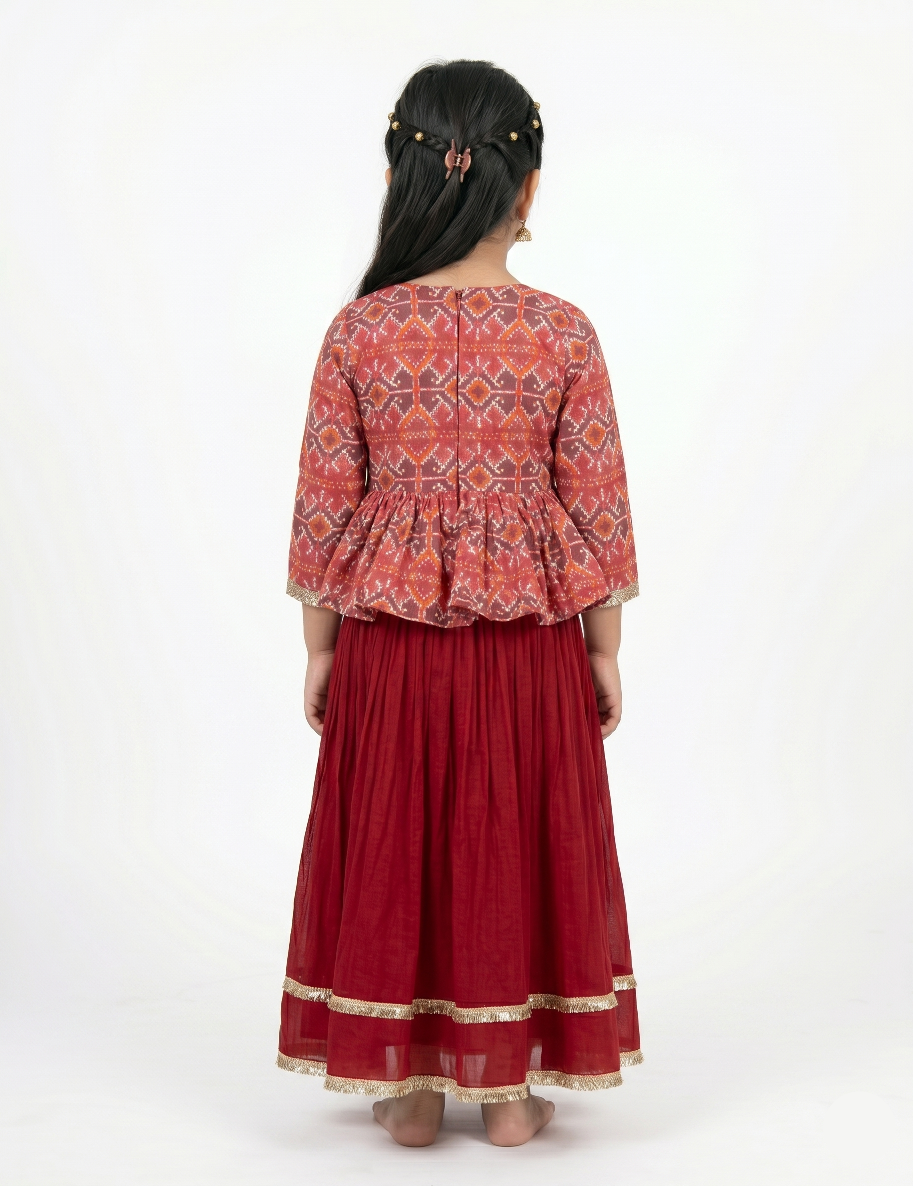 Girls' Red Patola Print Angrakha Peplum Lehenga Set with Gota Patti Work
