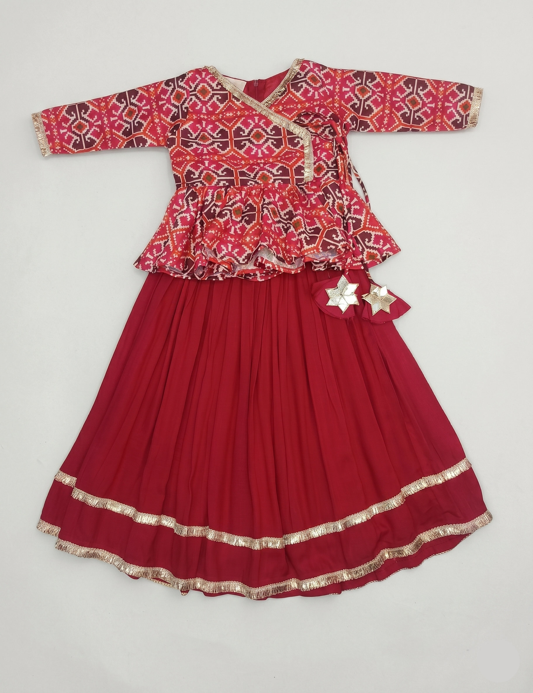 Girls' Red Patola Print Angrakha Peplum Lehenga Set with Gota Patti Work