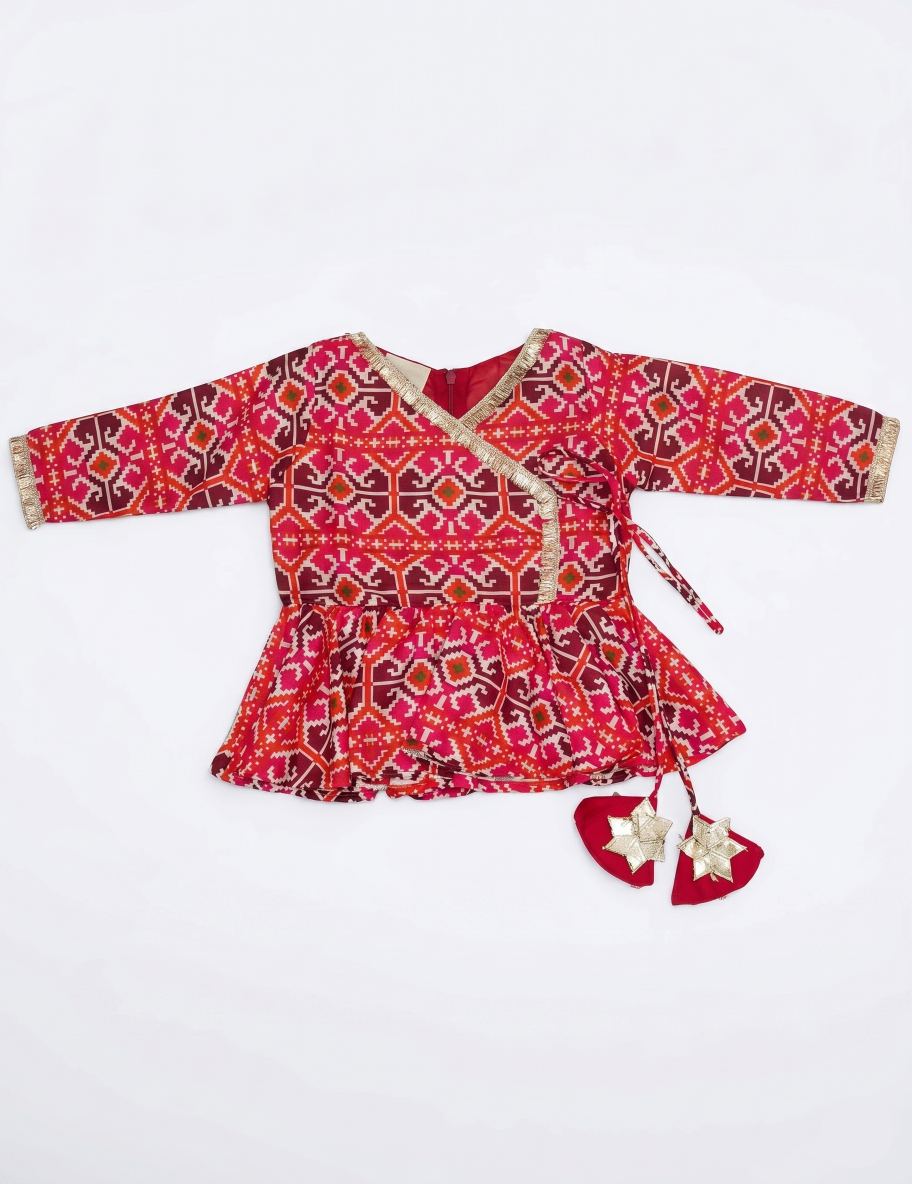 Girls' Red Patola Print Angrakha Peplum Lehenga Set with Gota Patti Work