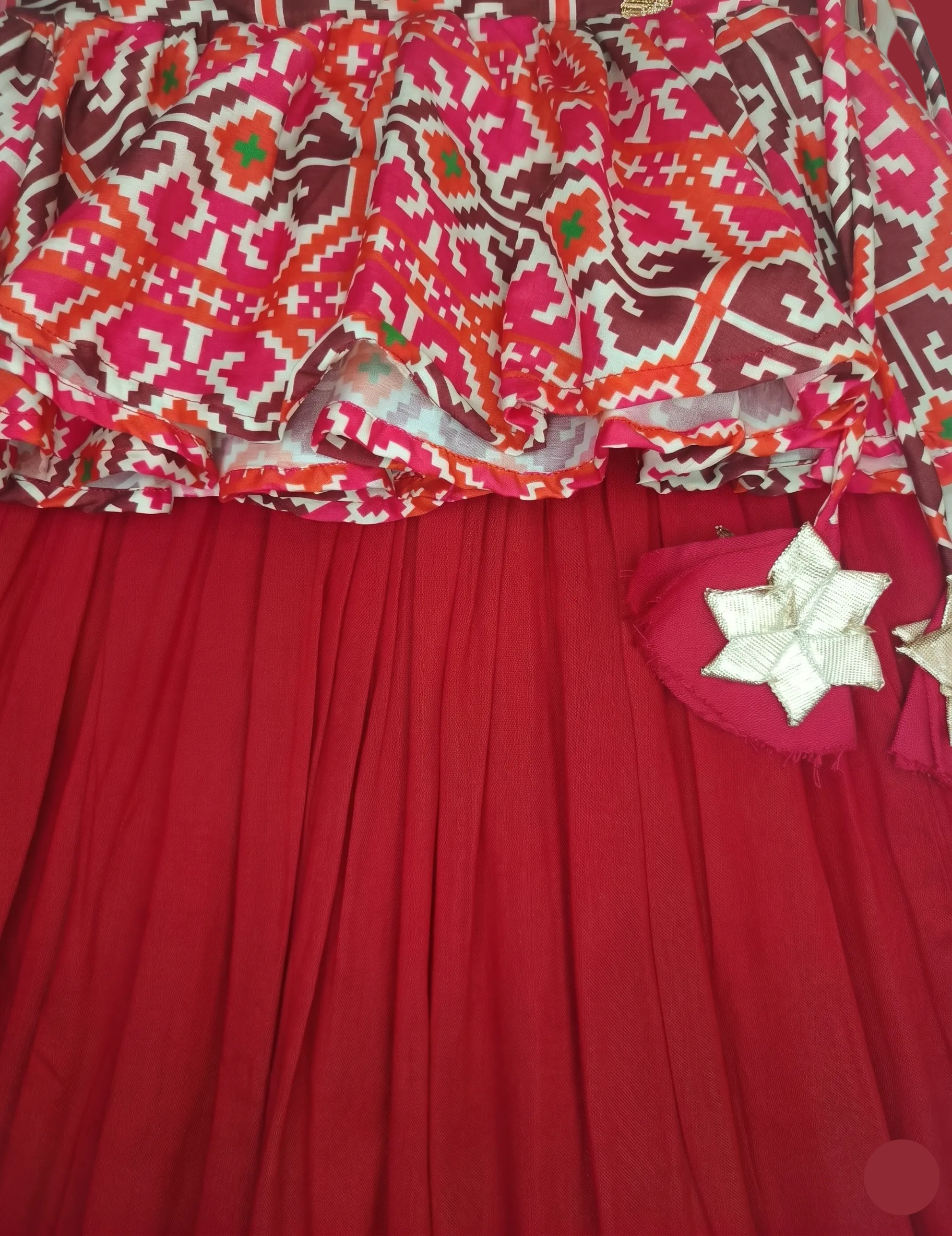 Girls' Red Patola Print Angrakha Peplum Lehenga Set with Gota Patti Work
