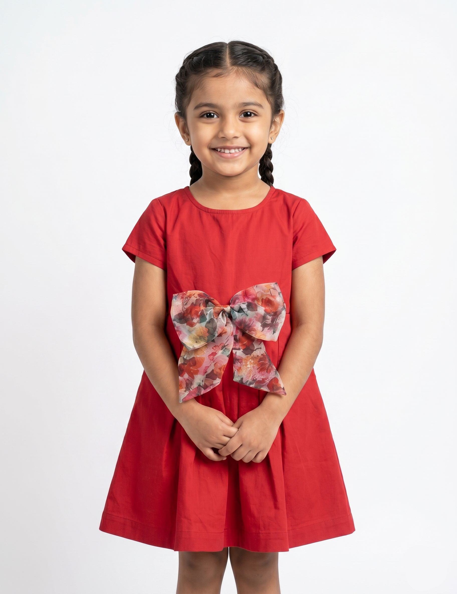 Girls' Red A-Line Cotton Dress with Floral Organza Bow