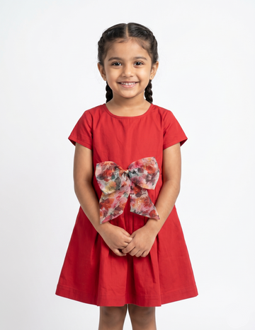 Girls' Red A-Line Cotton Dress with Floral Organza Bow